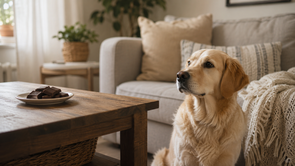 Dog near a table with chocolate kept out of reach